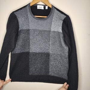 Calvin Klein Italian Yarn Patchwork Sweater — Grey/Charcoal, Size L | Crew Neck